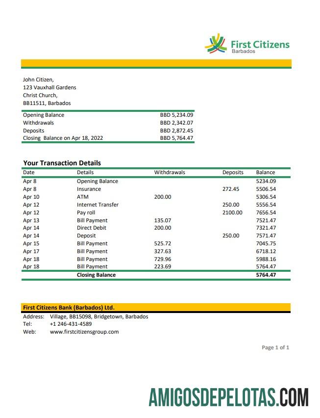 Barbados First Citizens Bank Statement Xls modelo